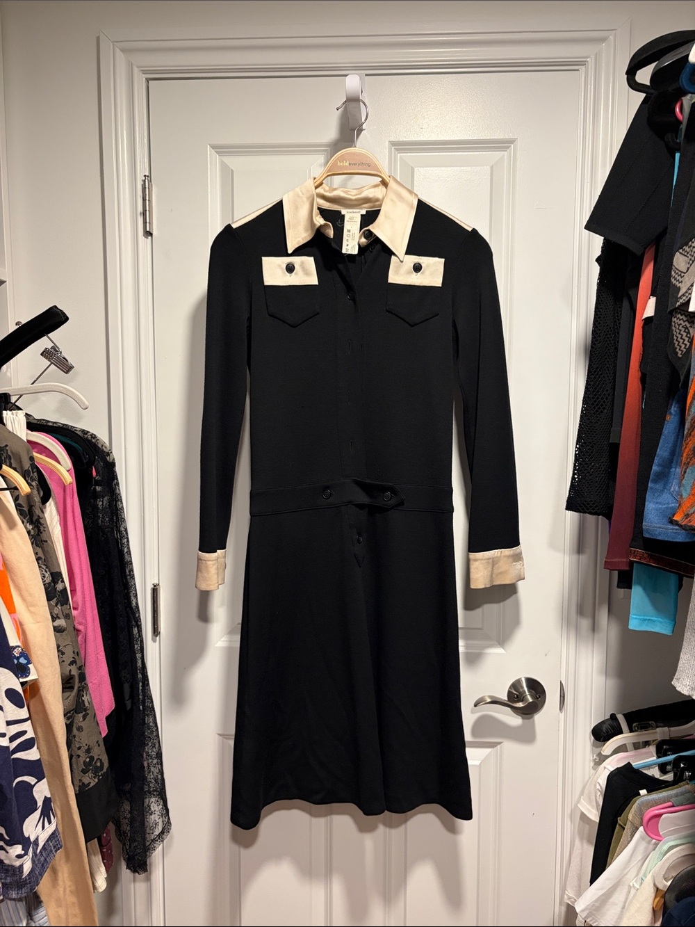 Vintage 90’s Cacharel Chic Black Long Sleeve Dress with Cream Trim. Was worn by